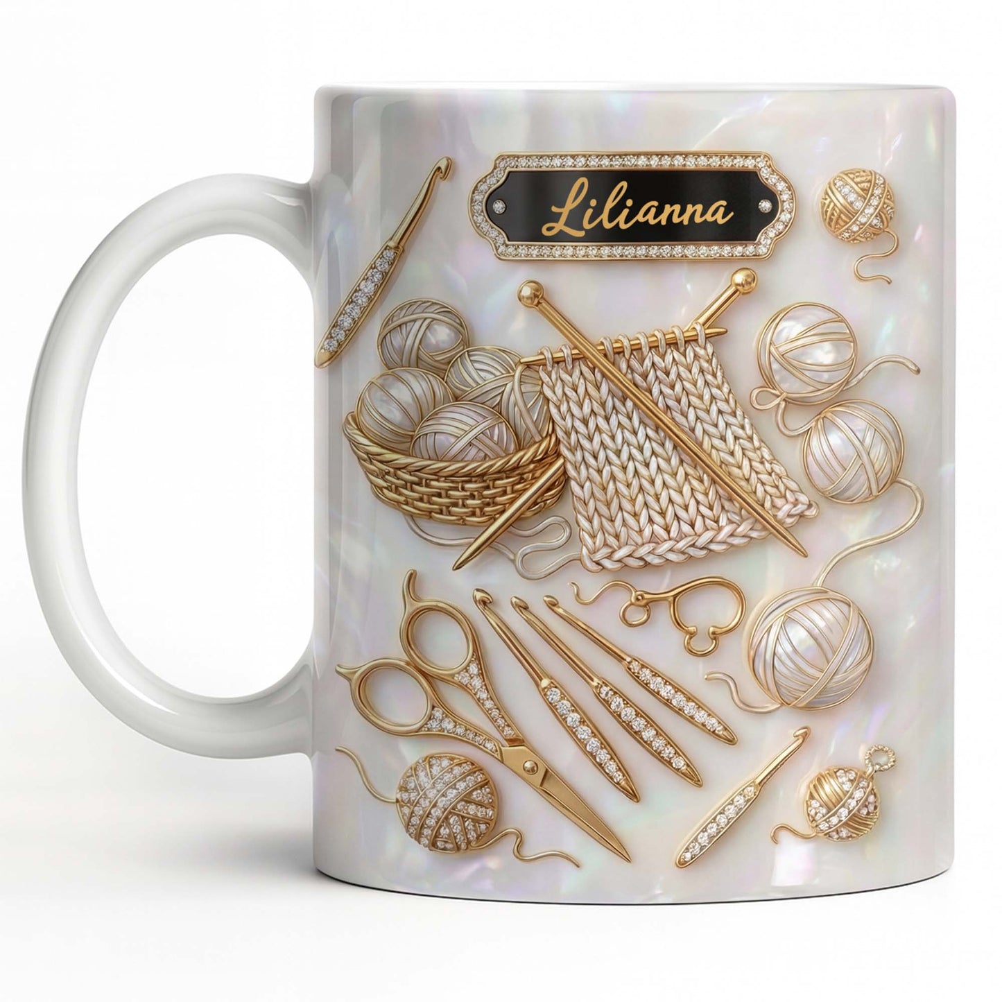 A Passion For Knitting Woven With Love Yarn Balls And Crochet Hooks - Personalized Custom Coffee Mug - HAND065_MG