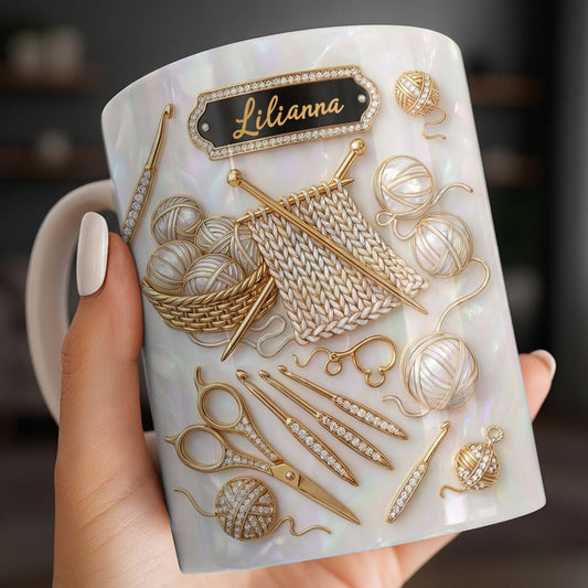A Passion For Knitting Woven With Love Yarn Balls And Crochet Hooks - Personalized Custom Coffee Mug - HAND065_MG