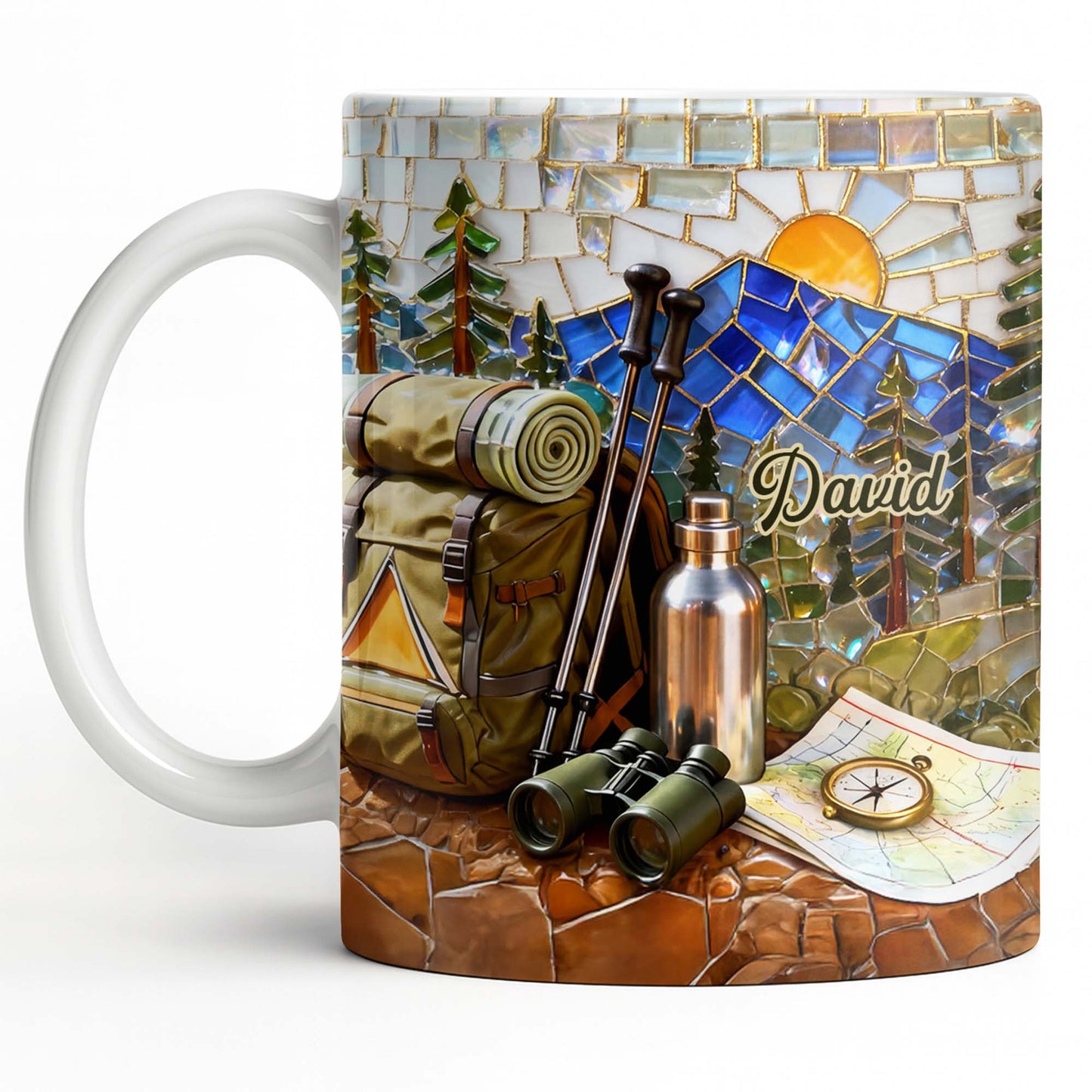 Adventure Awaits Mountain Mosaic With Backpack And Hiking Gear - Personalized Custom Coffee Mug - HOB125_MG