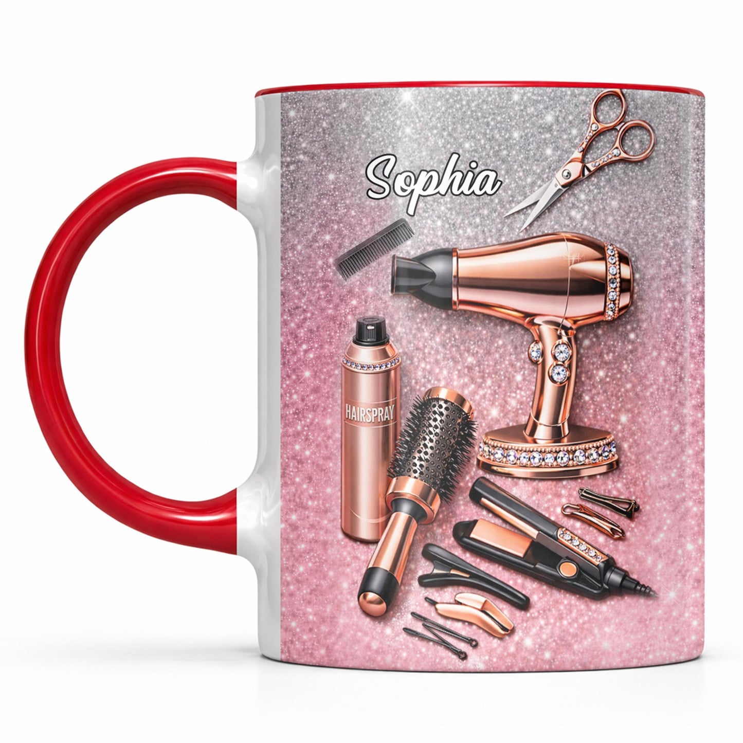 Stylist Tools and Sparkles Hair Dryer Scissors and Flat Iron - Personalized Custom Accent Mug - JBS112_AMUG