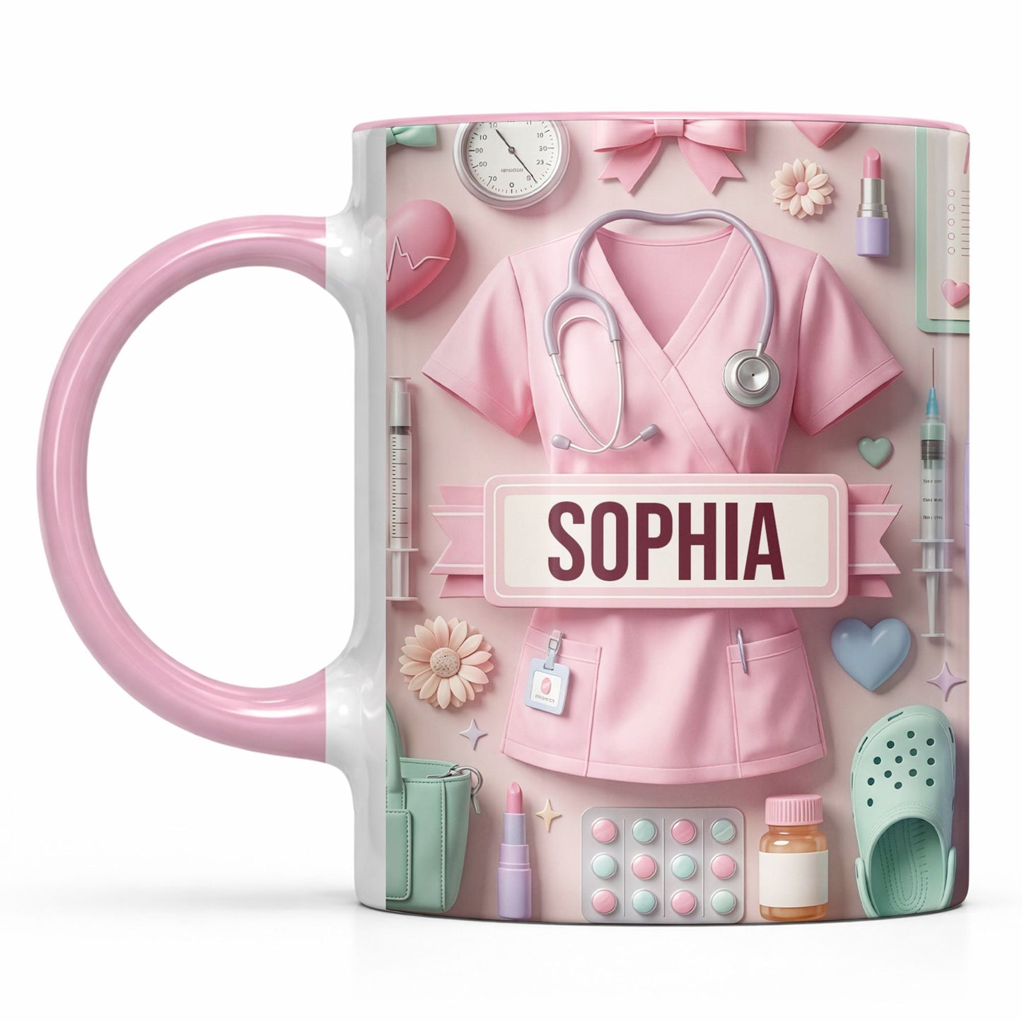 Cute Nursing Essentials Pink Scrubs And Medical Icons - Personalized Custom Accent Mug - NUR058_AMUG