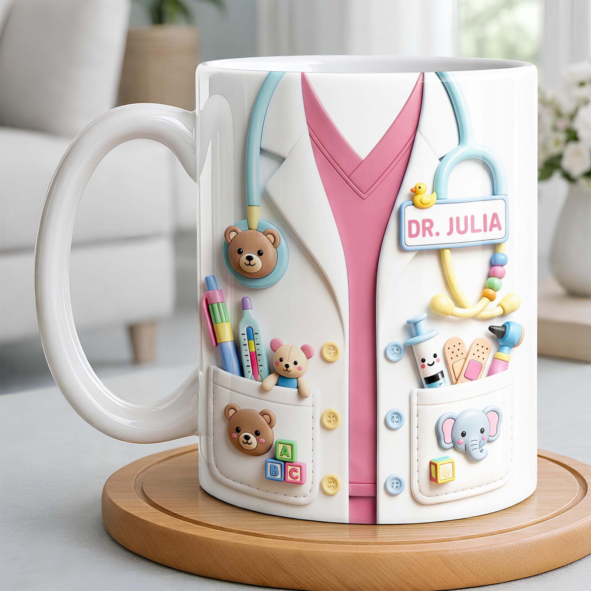Dr. Personalized Pediatrician White Coat With Teddy Bear And Stethoscope - Personalized Custom Coffee Mug - DOC107_MG