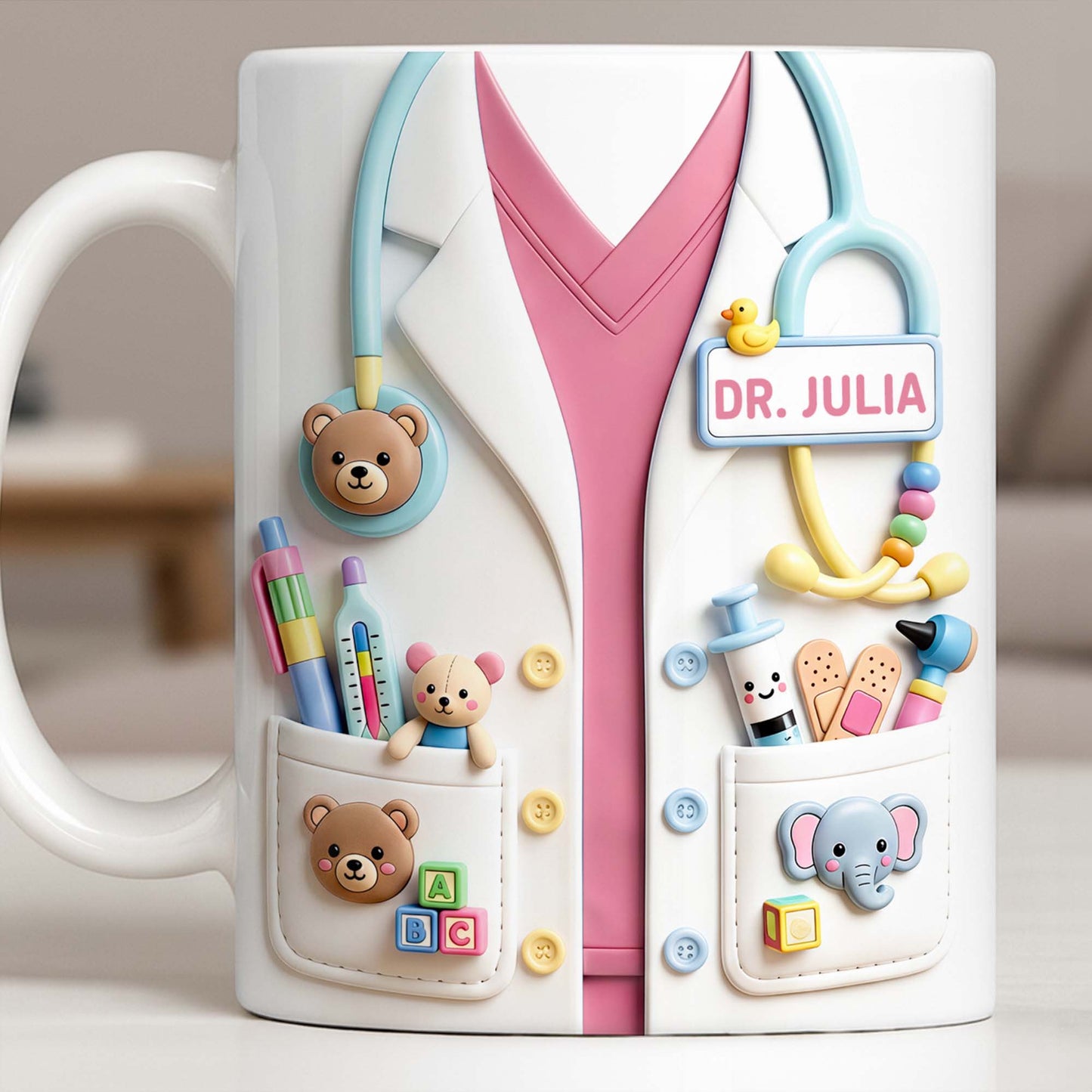 Dr. Personalized Pediatrician White Coat With Teddy Bear And Stethoscope - Personalized Custom Coffee Mug - DOC107_MG