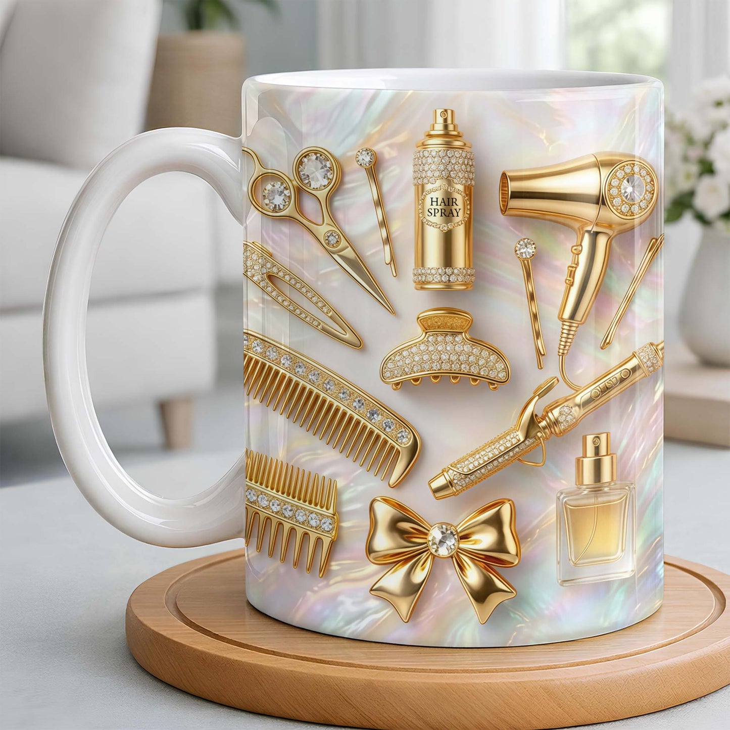 Glamorous Hair Stylist Essentials With Hair Dryer And Scissors 3D Effect - Personalized Custom Coffee Mug - HAIR032_MG
