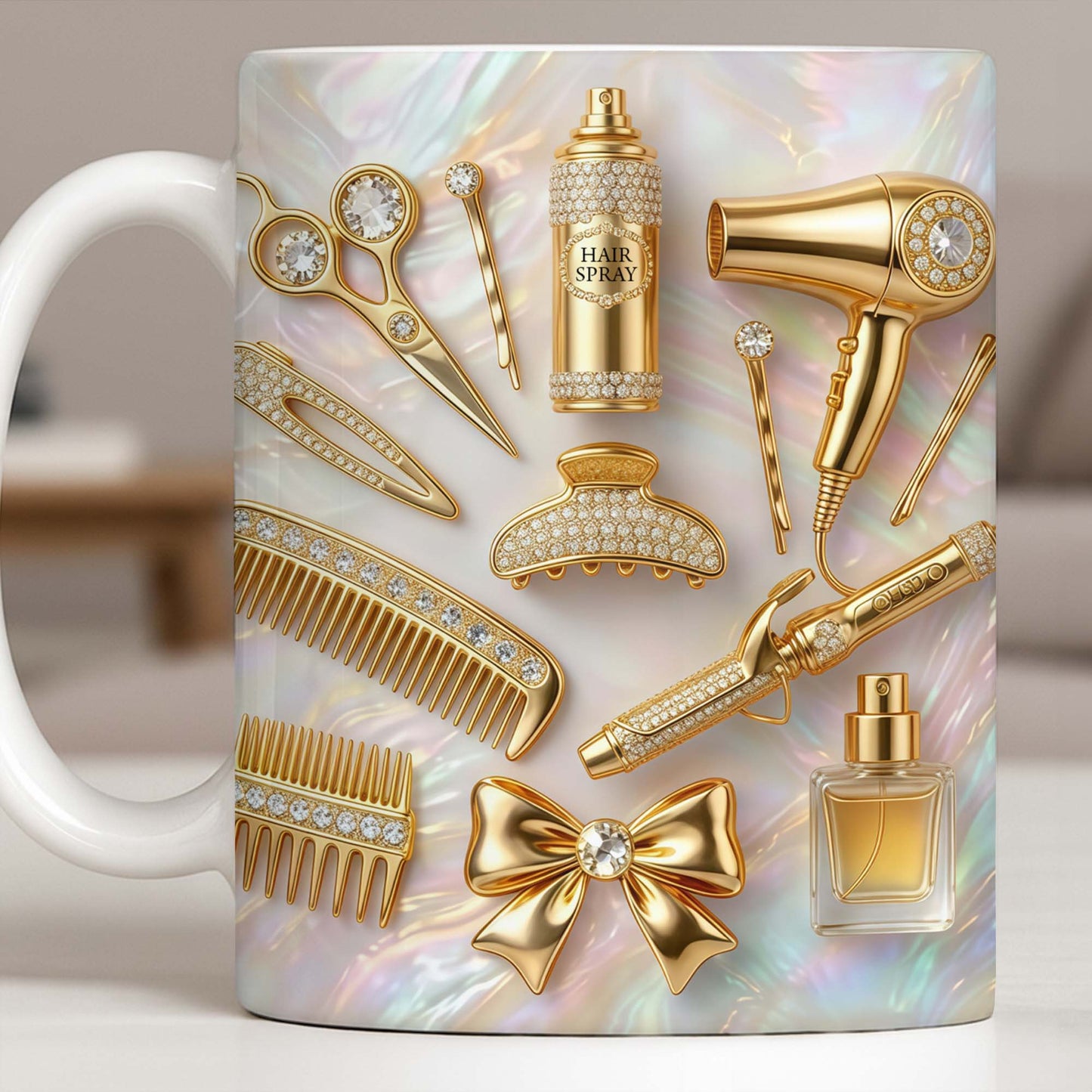 Glamorous Hair Stylist Essentials With Hair Dryer And Scissors 3D Effect - Personalized Custom Coffee Mug - HAIR032_MG
