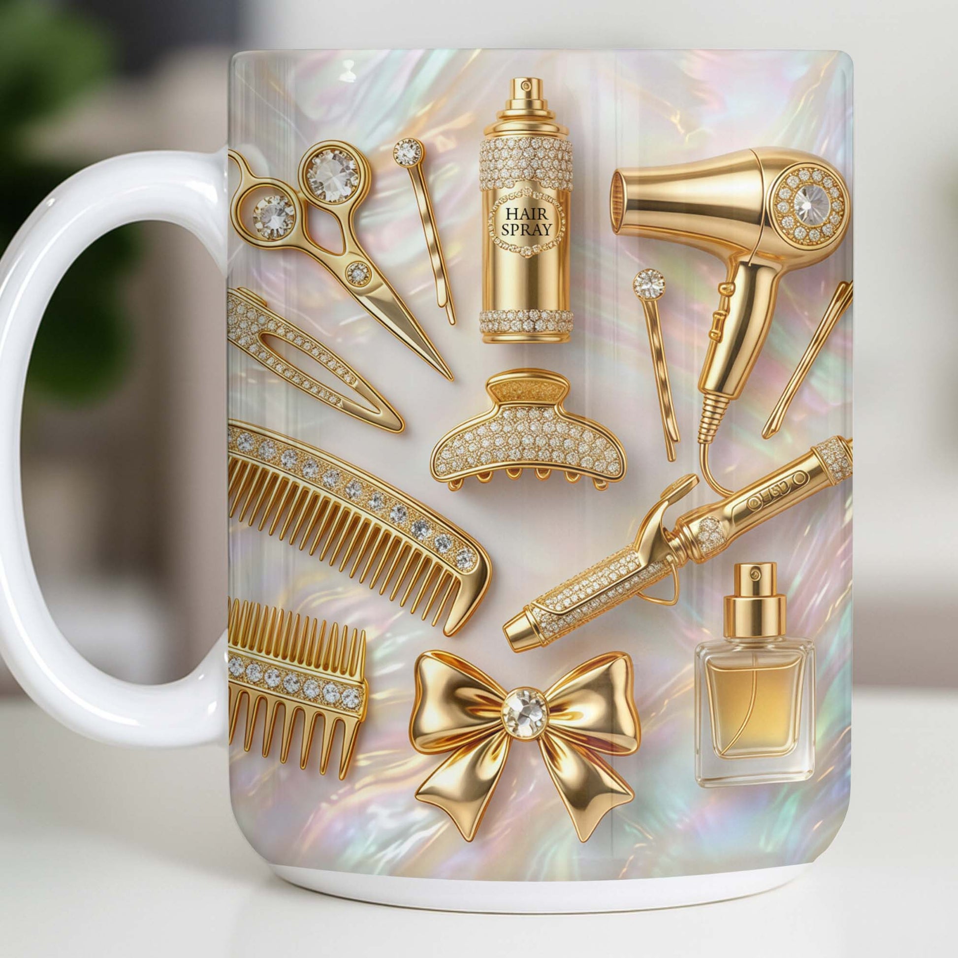 Glamorous Hair Stylist Essentials With Hair Dryer And Scissors 3D Effect - Personalized Custom Coffee Mug - HAIR032_MG