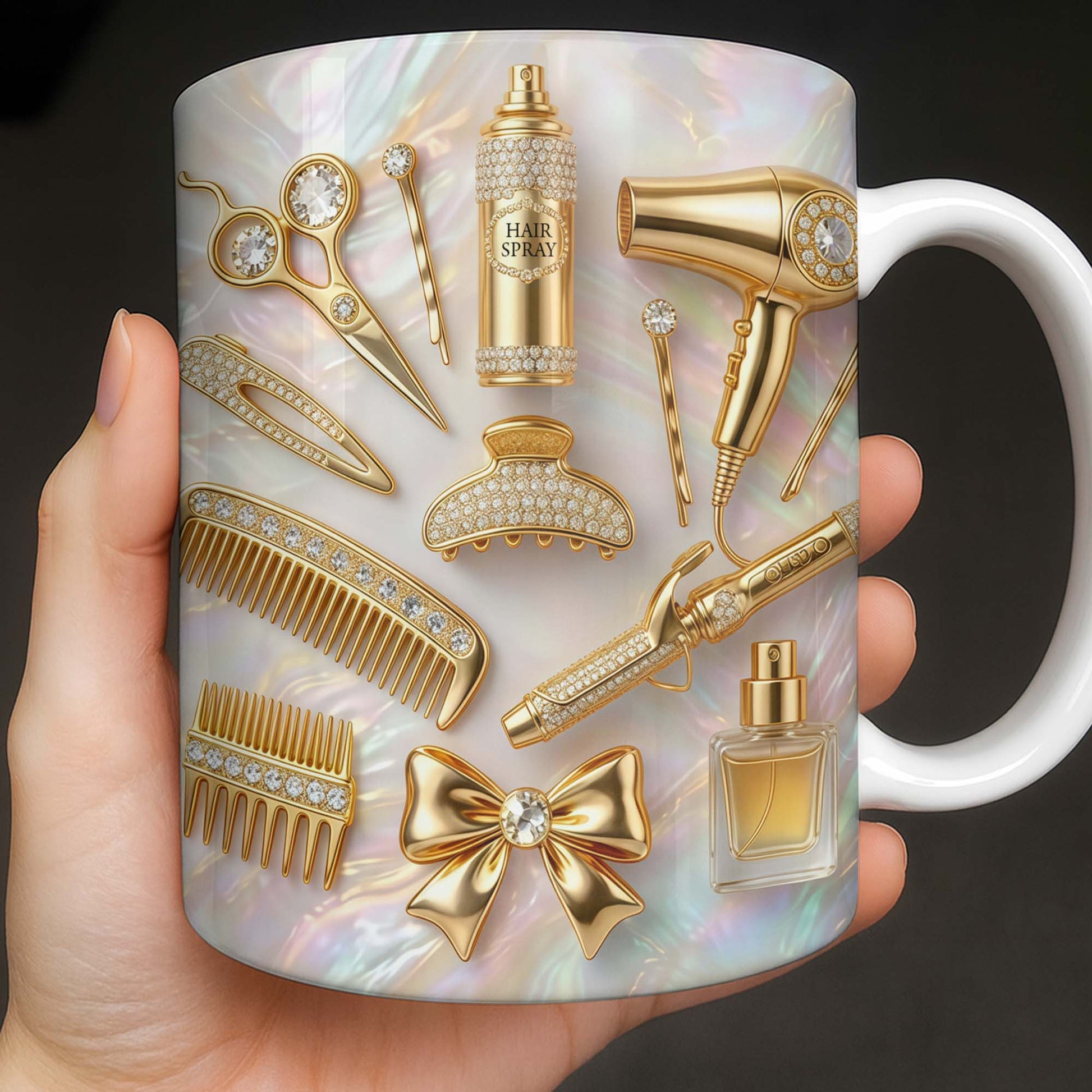 Glamorous Hair Stylist Essentials With Hair Dryer And Scissors 3D Effect - Personalized Custom Coffee Mug - HAIR032_MG