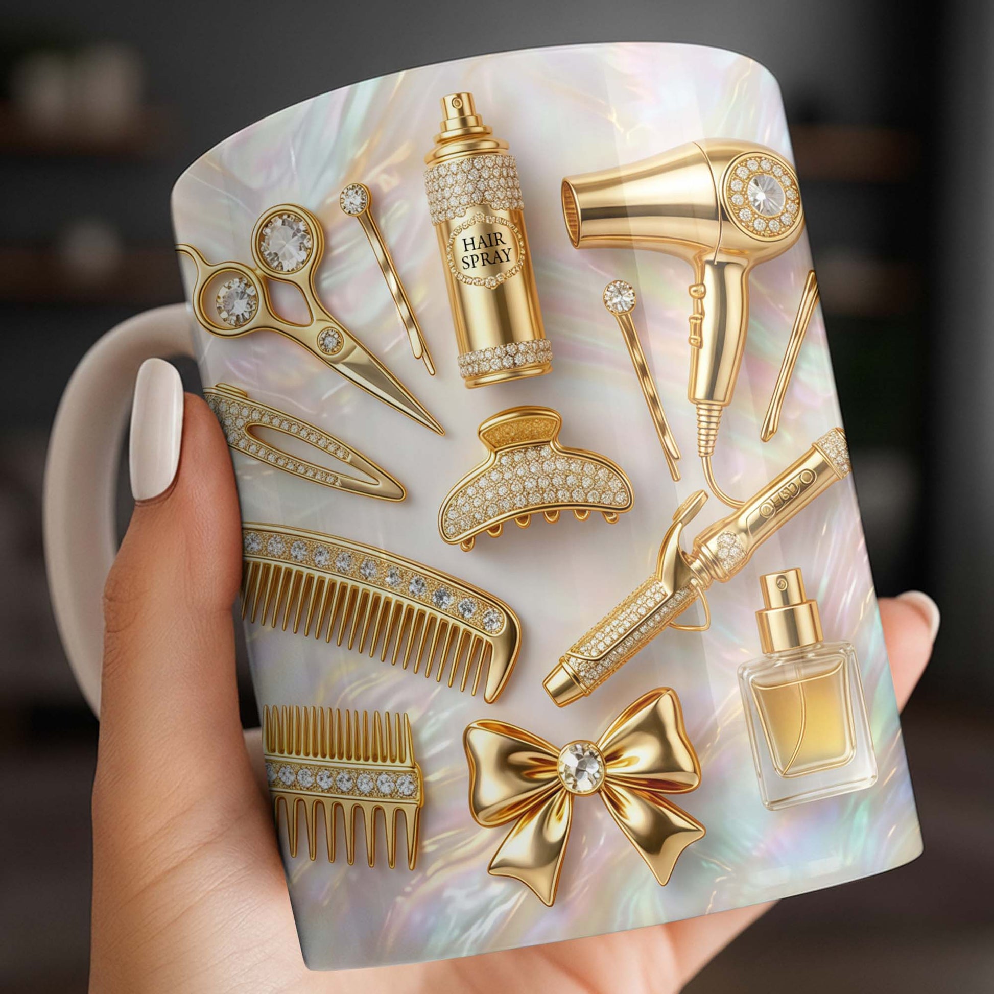 Glamorous Hair Stylist Essentials With Hair Dryer And Scissors 3D Effect - Personalized Custom Coffee Mug - HAIR032_MG