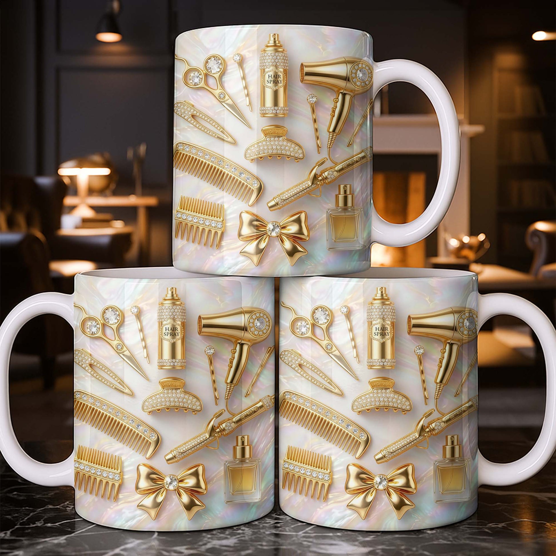 Glamorous Hair Stylist Essentials With Hair Dryer And Scissors 3D Effect - Personalized Custom Coffee Mug - HAIR032_MG