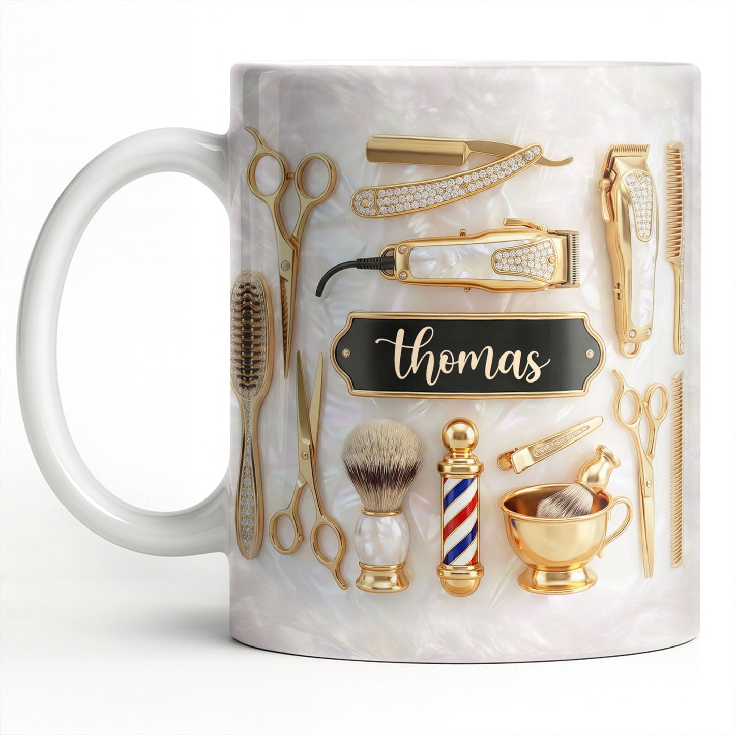 Professional Barber Shop Tools Featuring 3D Golden Scissors And Clippers - Personalized Custom Coffee Mug - HAIR051_MG