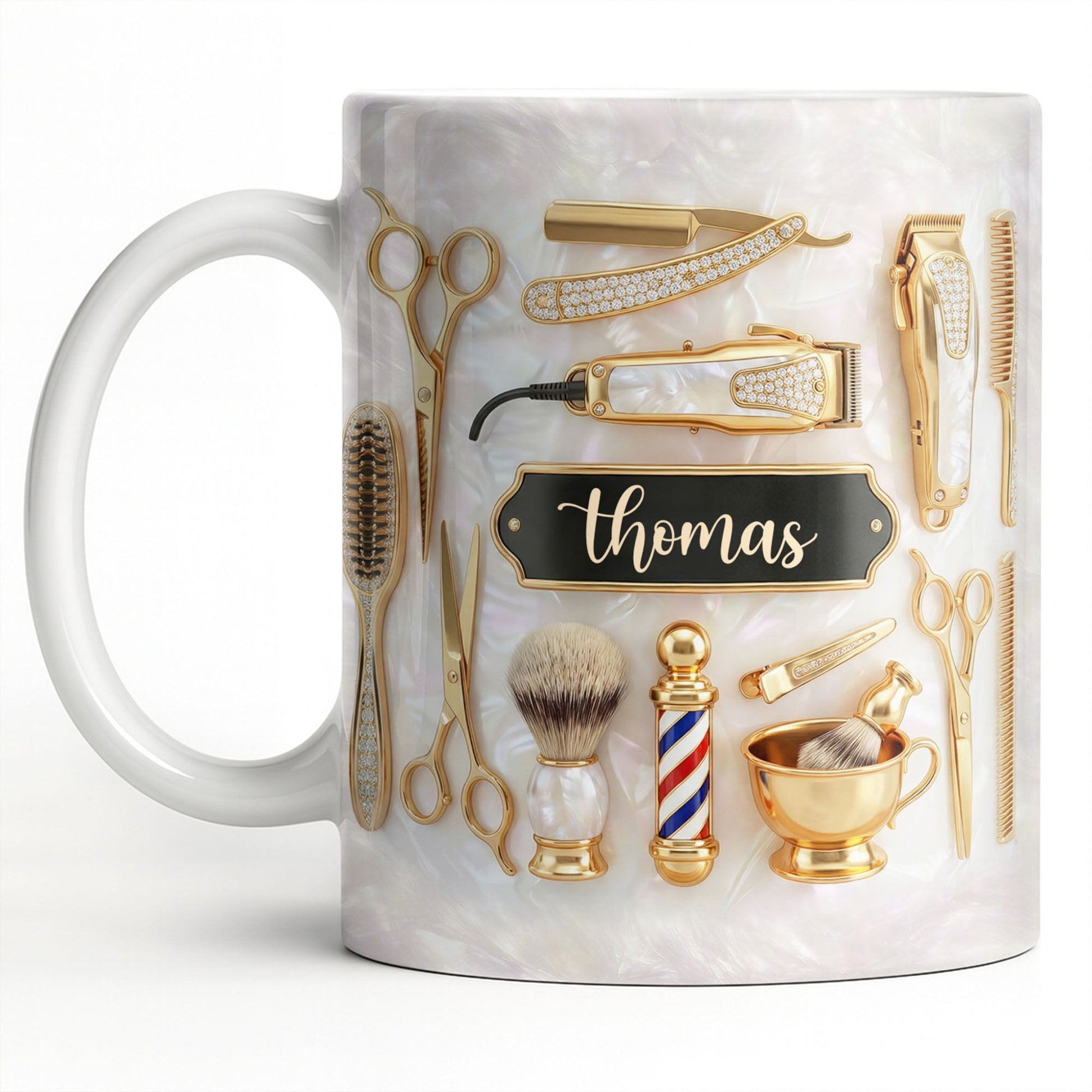 Professional Barber Shop Tools Featuring 3D Golden Scissors And Clippers - Personalized Custom Coffee Mug - HAIR051_MG