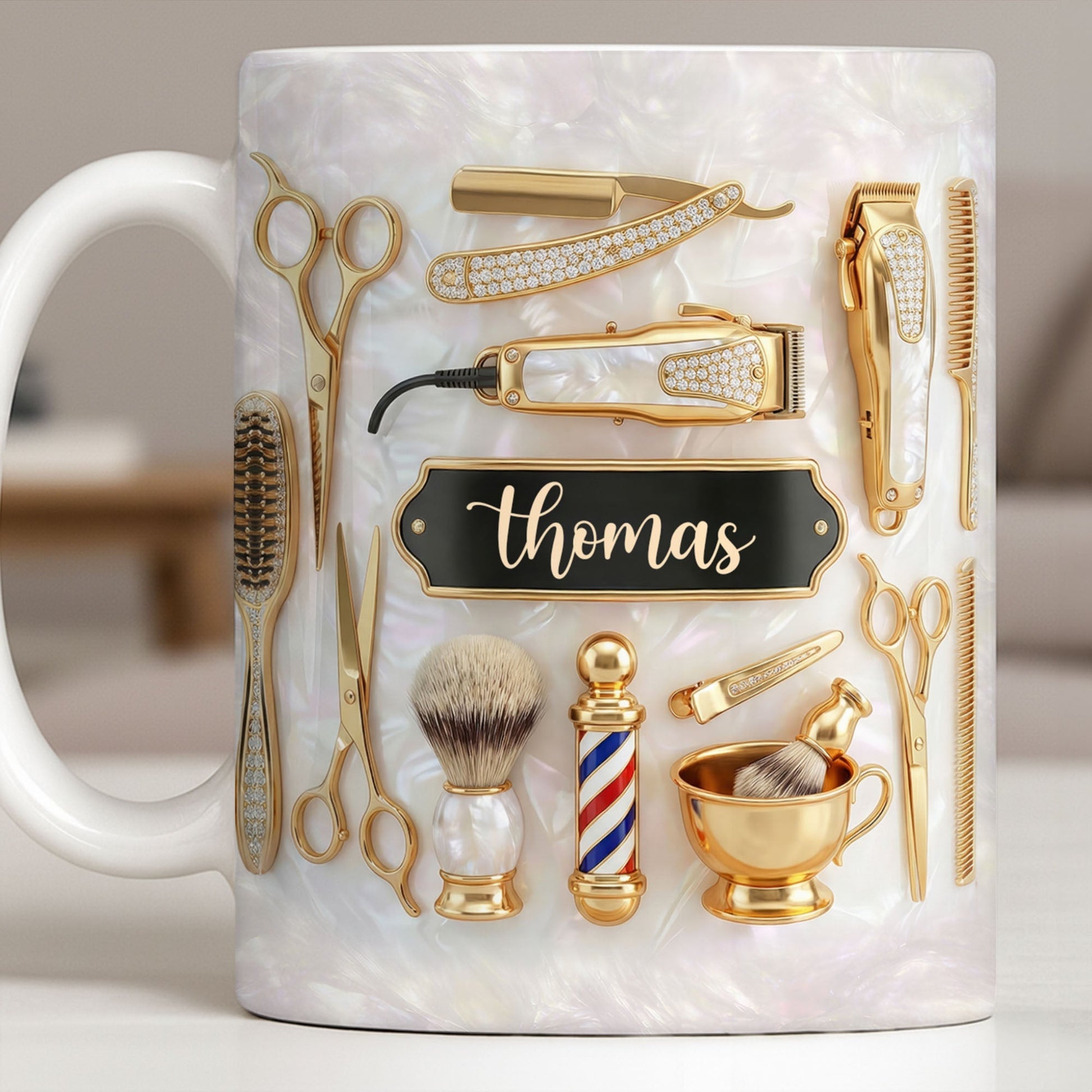 Professional Barber Shop Tools Featuring 3D Golden Scissors And Clippers - Personalized Custom Coffee Mug - HAIR051_MG