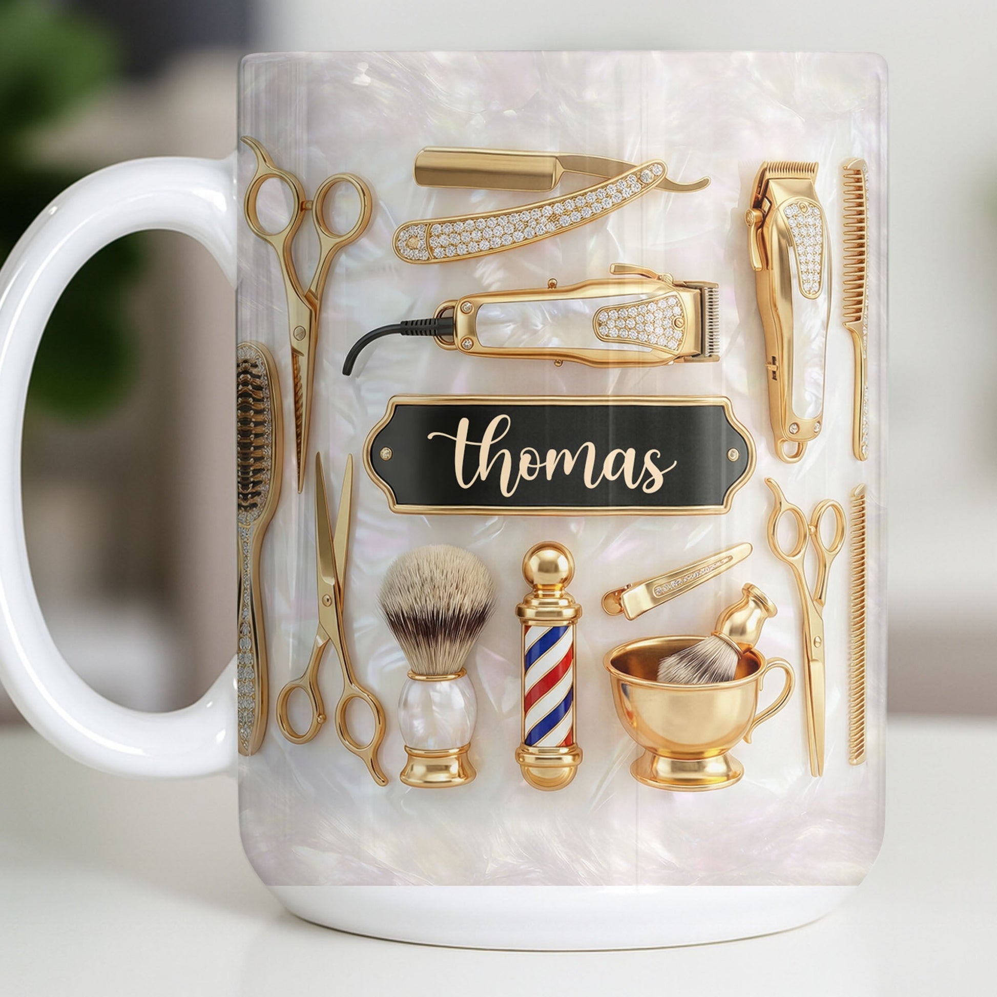 Professional Barber Shop Tools Featuring 3D Golden Scissors And Clippers - Personalized Custom Coffee Mug - HAIR051_MG