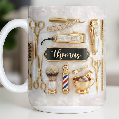 Professional Barber Shop Tools Featuring 3D Golden Scissors And Clippers - Personalized Custom Coffee Mug - HAIR051_MG