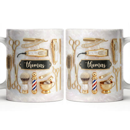 Professional Barber Shop Tools Featuring 3D Golden Scissors And Clippers - Personalized Custom Coffee Mug - HAIR051_MG