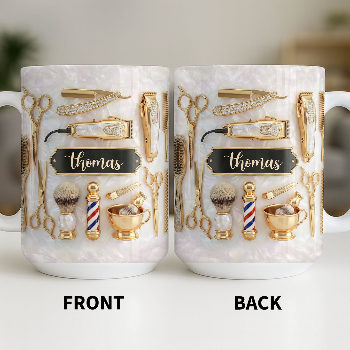 Professional Barber Shop Tools Featuring 3D Golden Scissors And Clippers - Personalized Custom Coffee Mug - HAIR051_MG