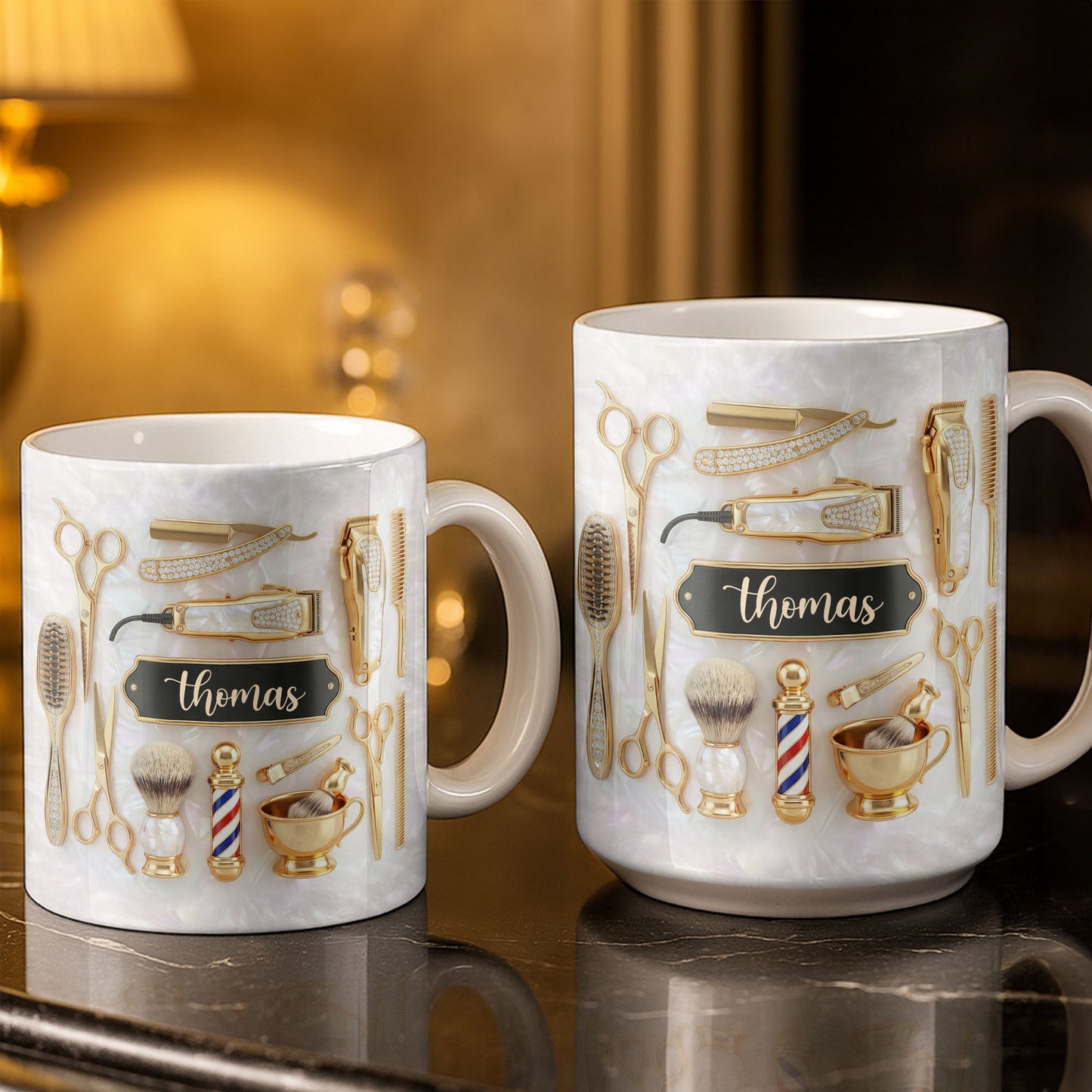 Professional Barber Shop Tools Featuring 3D Golden Scissors And Clippers - Personalized Custom Coffee Mug - HAIR051_MG