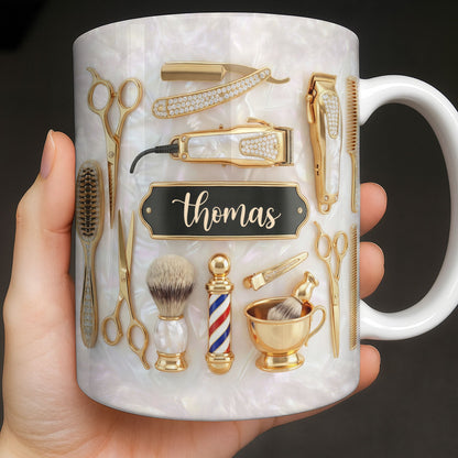 Professional Barber Shop Tools Featuring 3D Golden Scissors And Clippers - Personalized Custom Coffee Mug - HAIR051_MG