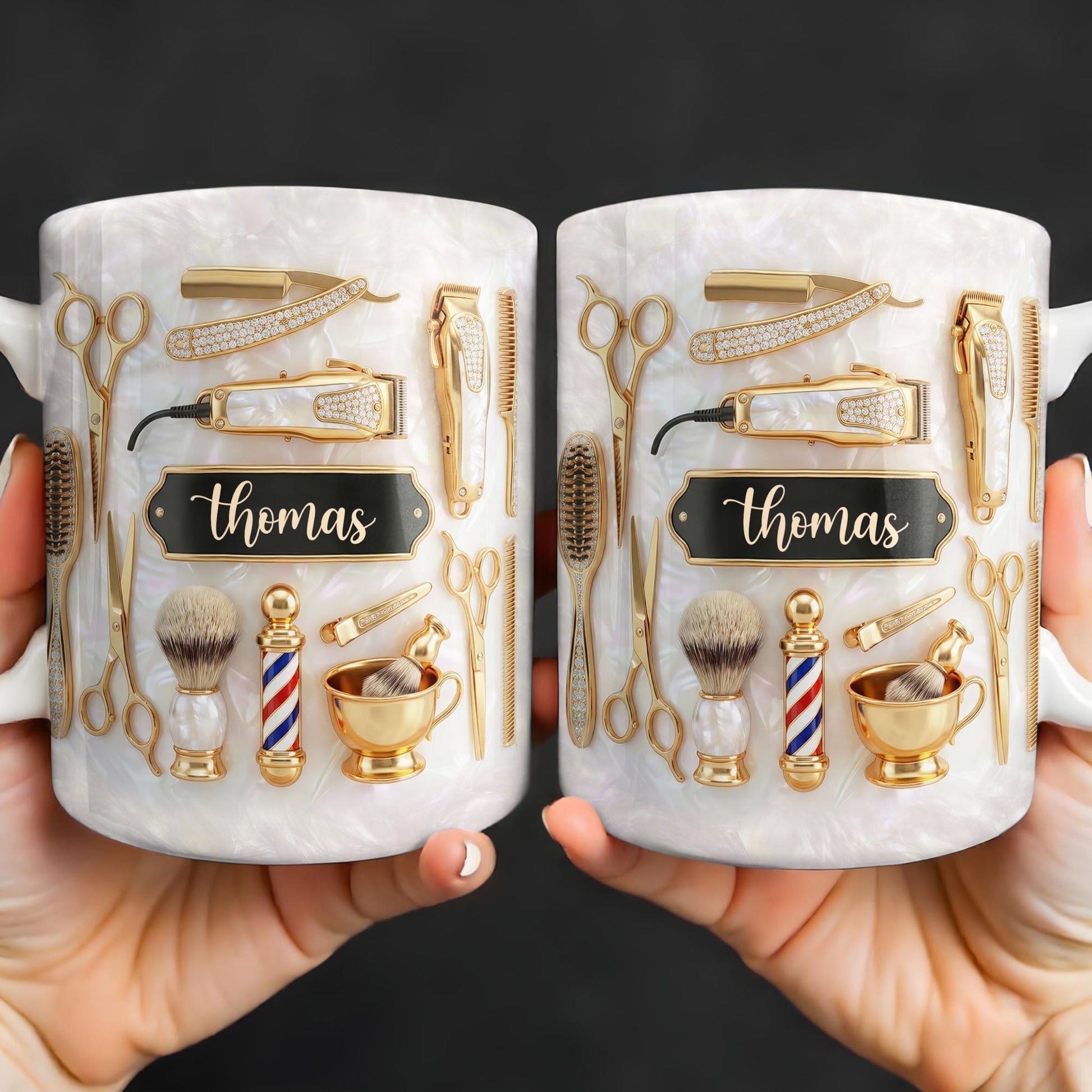 Professional Barber Shop Tools Featuring 3D Golden Scissors And Clippers - Personalized Custom Coffee Mug - HAIR051_MG