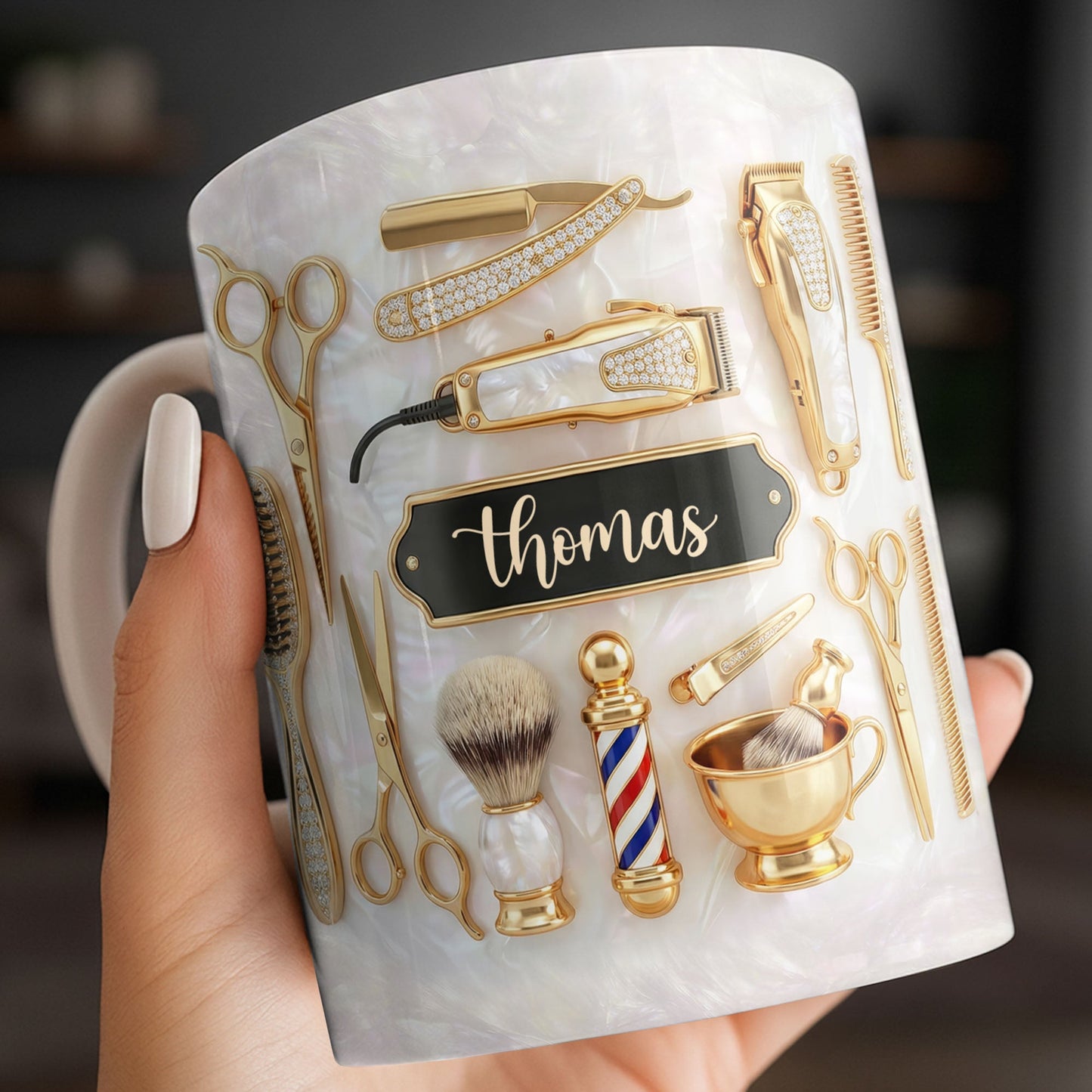 Professional Barber Shop Tools Featuring 3D Golden Scissors And Clippers - Personalized Custom Coffee Mug - HAIR051_MG