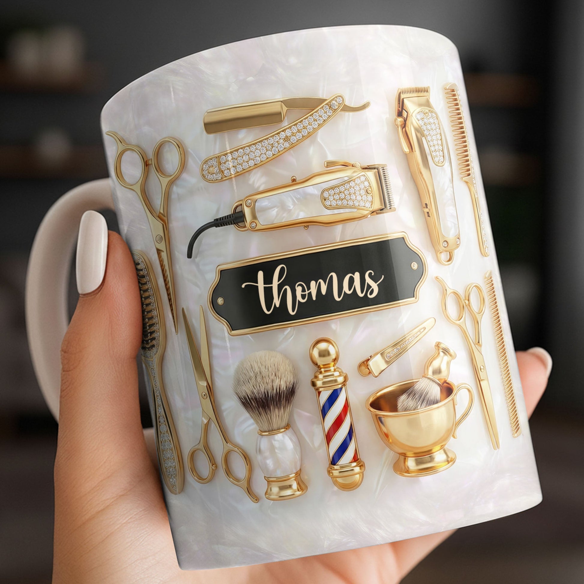 Professional Barber Shop Tools Featuring 3D Golden Scissors And Clippers - Personalized Custom Coffee Mug - HAIR051_MG