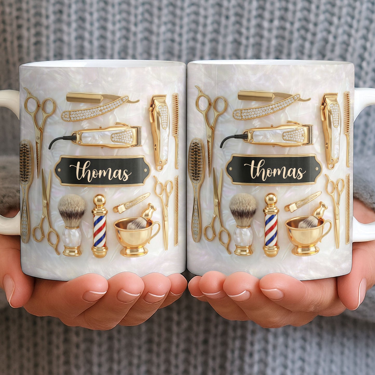 Professional Barber Shop Tools Featuring 3D Golden Scissors And Clippers - Personalized Custom Coffee Mug - HAIR051_MG