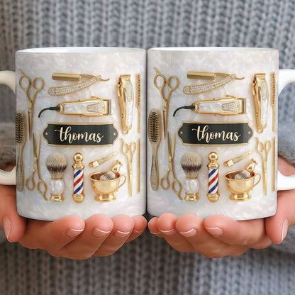 Professional Barber Shop Tools Featuring 3D Golden Scissors And Clippers - Personalized Custom Coffee Mug - HAIR051_MG