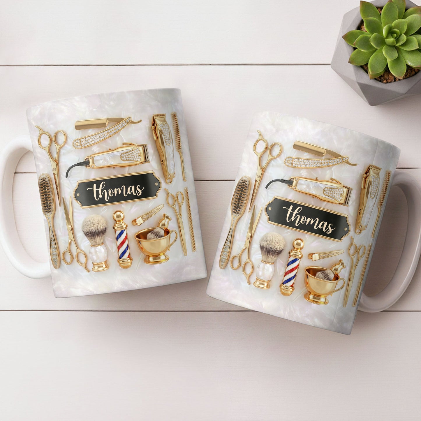 Professional Barber Shop Tools Featuring 3D Golden Scissors And Clippers - Personalized Custom Coffee Mug - HAIR051_MG