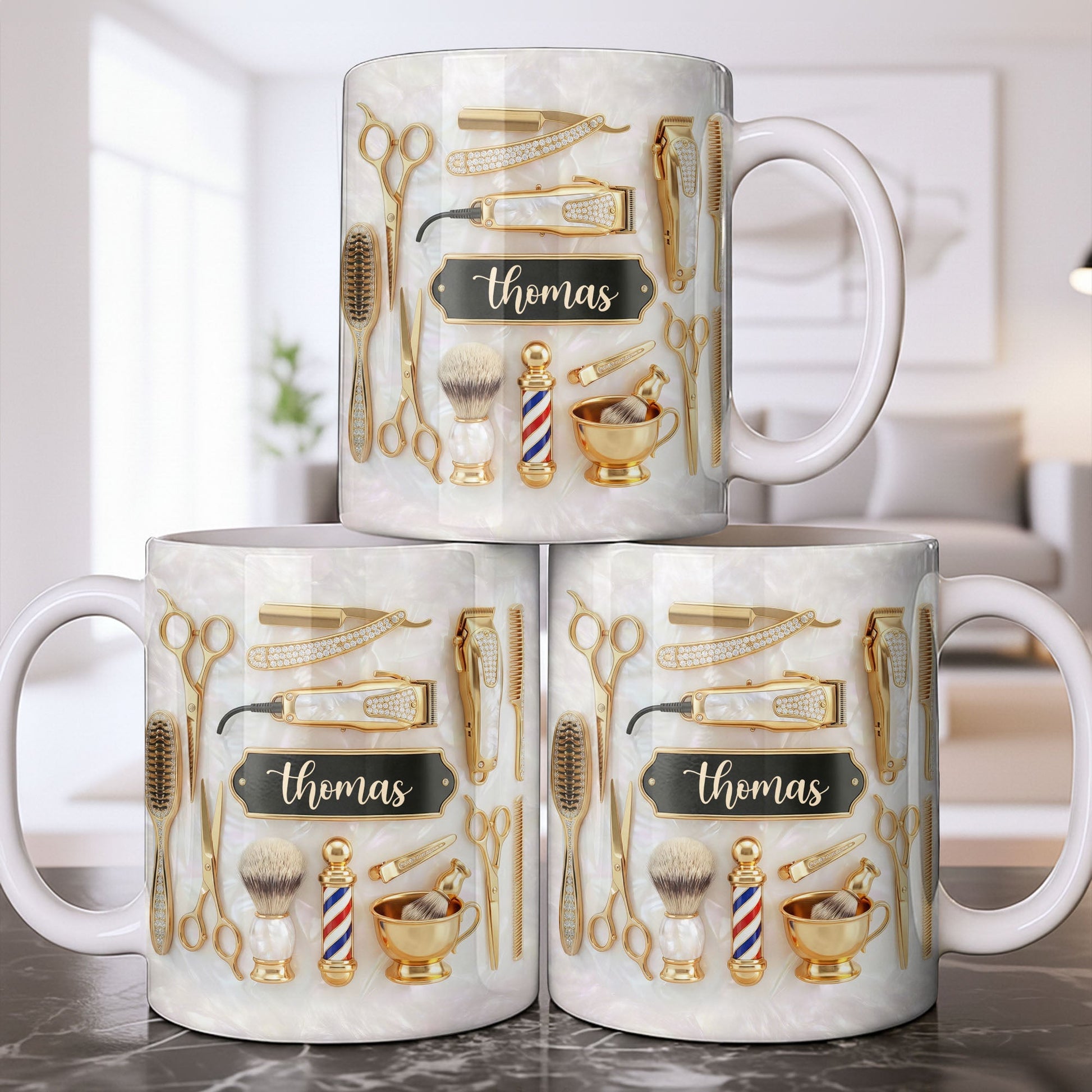 Professional Barber Shop Tools Featuring 3D Golden Scissors And Clippers - Personalized Custom Coffee Mug - HAIR051_MG