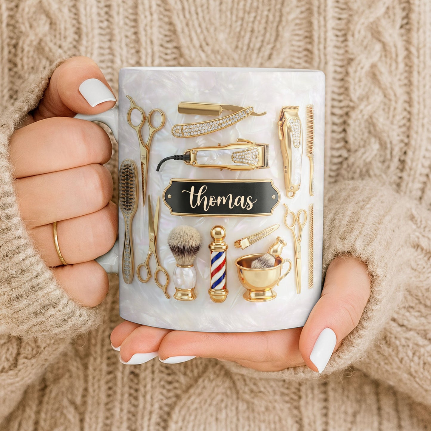 Professional Barber Shop Tools Featuring 3D Golden Scissors And Clippers - Personalized Custom Coffee Mug - HAIR051_MG