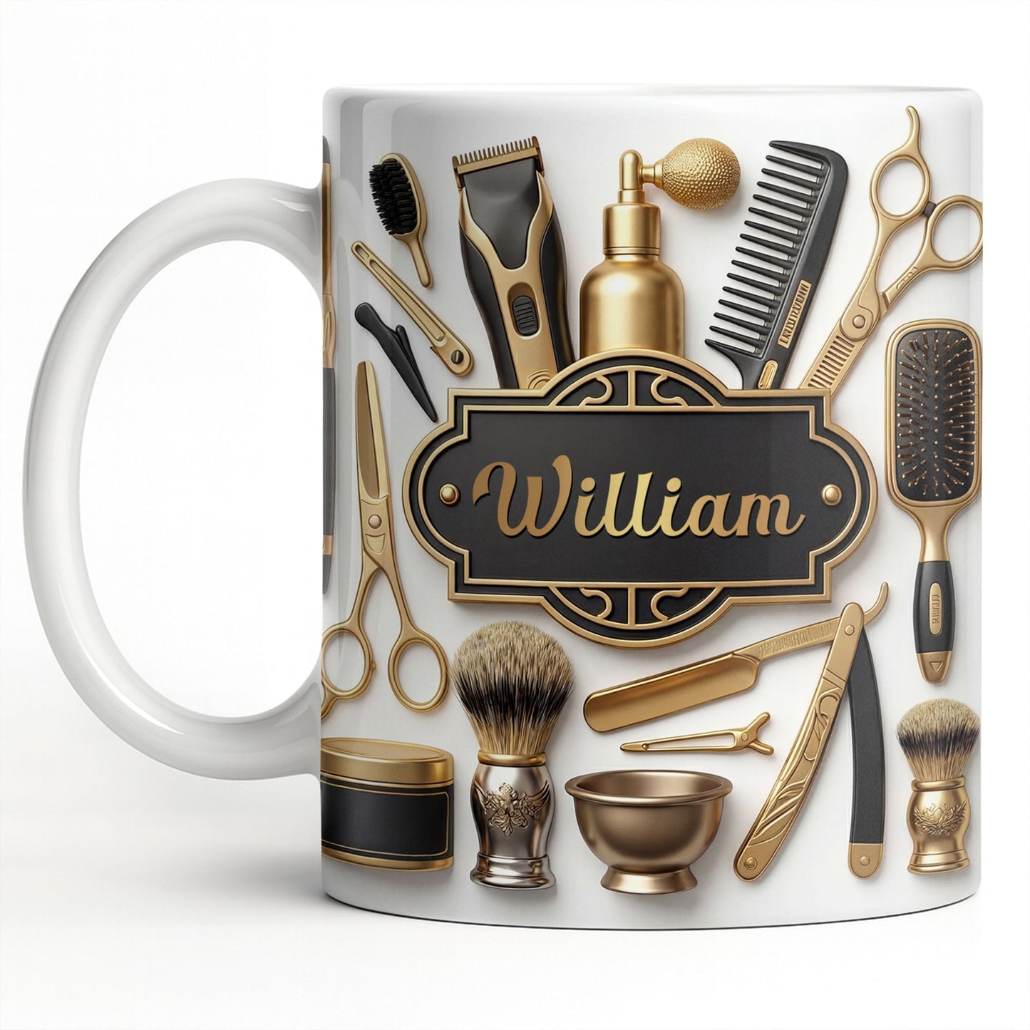Professional Barber Shop Tools With 3D Effect Gold Scissors And Clippers - Personalized Custom Coffee Mug - HAIR054_MG