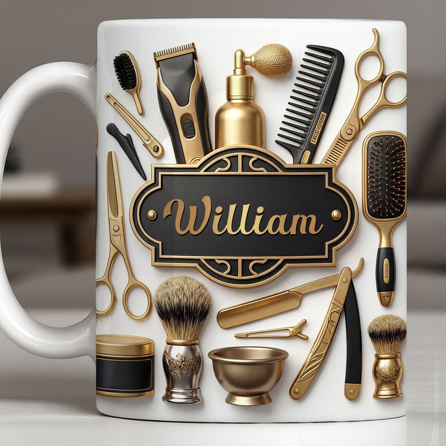 Professional Barber Shop Tools With 3D Effect Gold Scissors And Clippers - Personalized Custom Coffee Mug - HAIR054_MG
