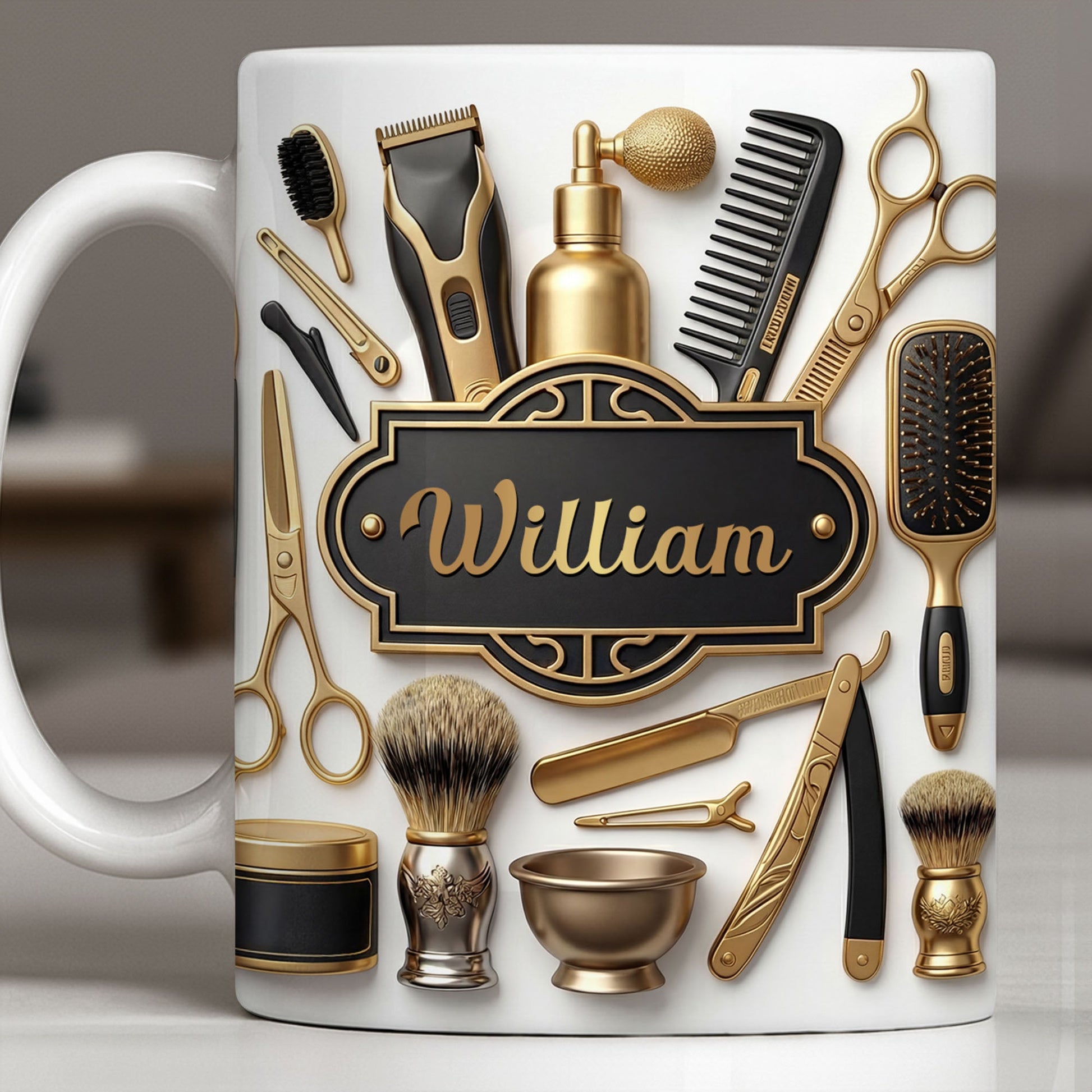 Professional Barber Shop Tools With 3D Effect Gold Scissors And Clippers - Personalized Custom Coffee Mug - HAIR054_MG