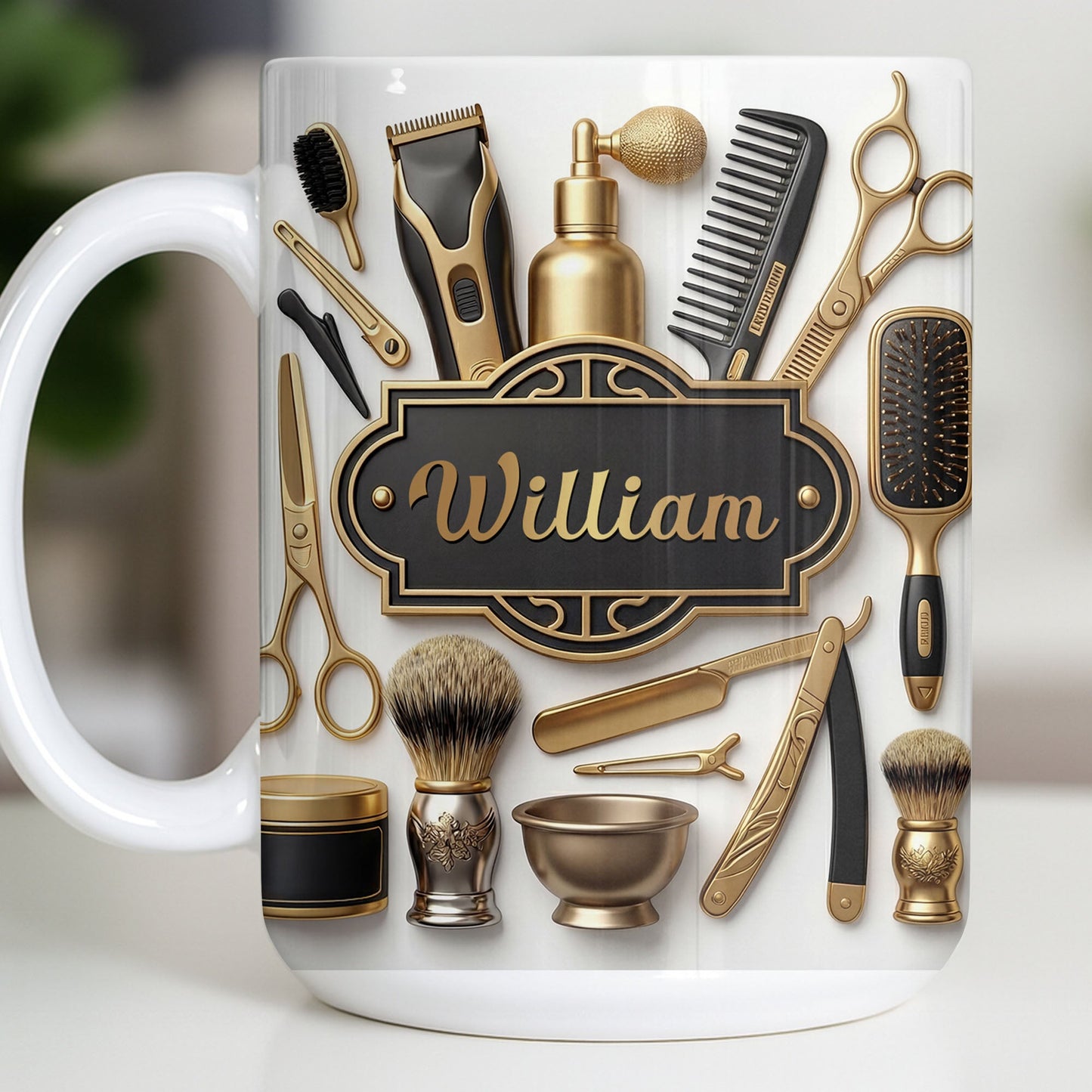 Professional Barber Shop Tools With 3D Effect Gold Scissors And Clippers - Personalized Custom Coffee Mug - HAIR054_MG