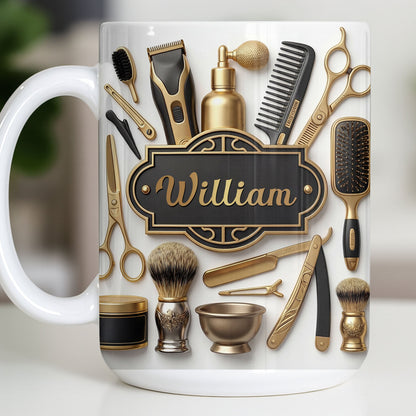 Professional Barber Shop Tools With 3D Effect Gold Scissors And Clippers - Personalized Custom Coffee Mug - HAIR054_MG