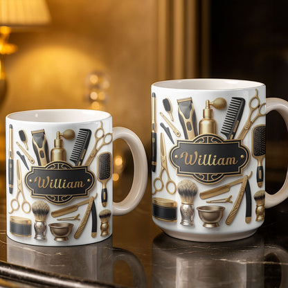 Professional Barber Shop Tools With 3D Effect Gold Scissors And Clippers - Personalized Custom Coffee Mug - HAIR054_MG