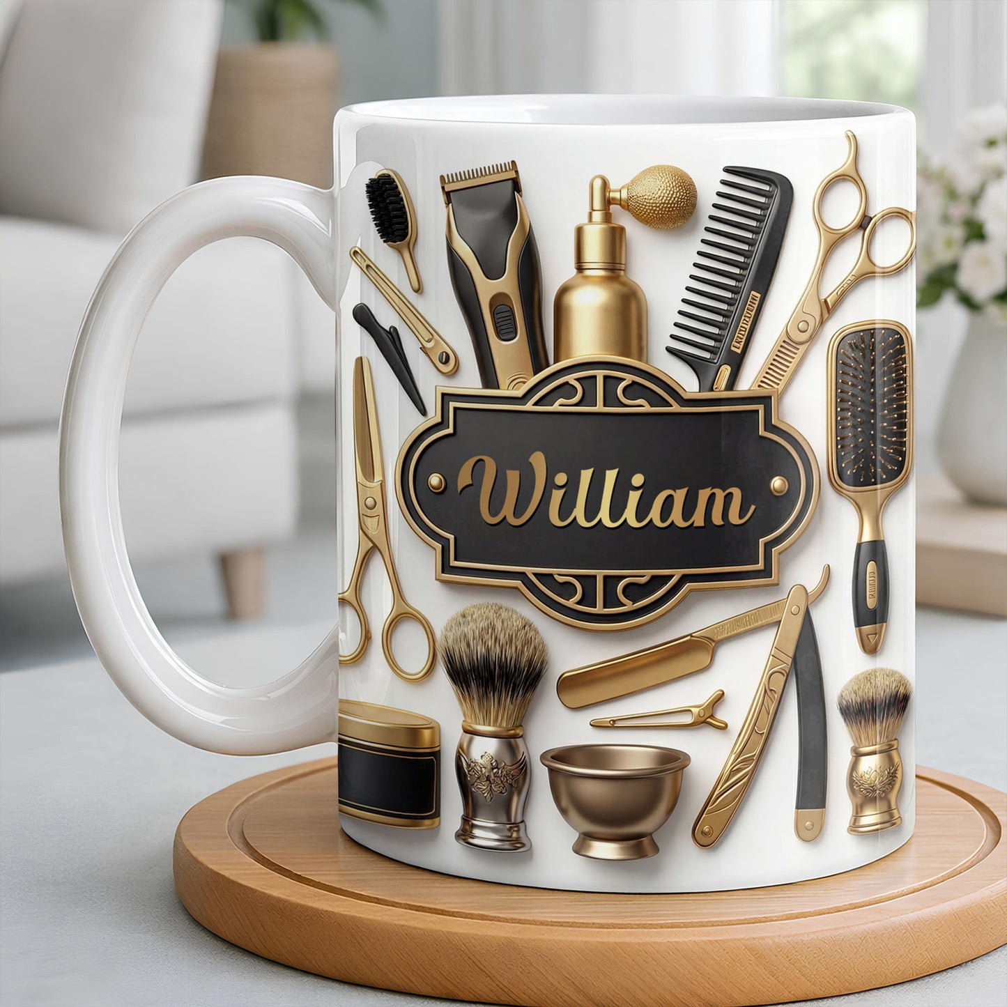 Professional Barber Shop Tools With 3D Effect Gold Scissors And Clippers - Personalized Custom Coffee Mug - HAIR054_MG