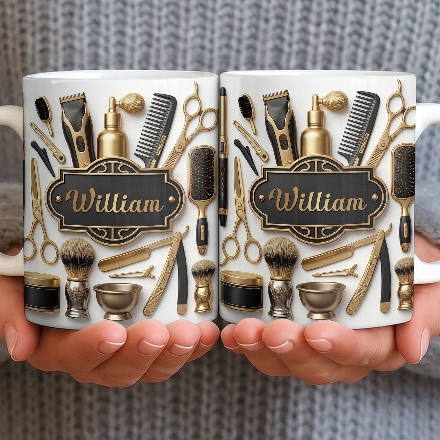 Professional Barber Shop Tools With 3D Effect Gold Scissors And Clippers - Personalized Custom Coffee Mug - HAIR054_MG