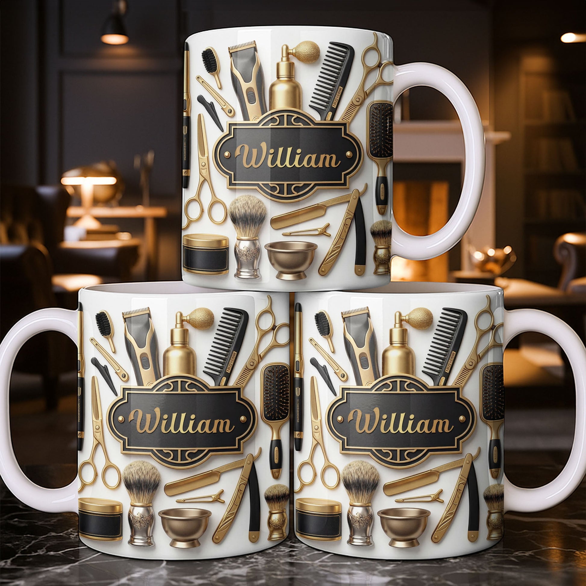 Professional Barber Shop Tools With 3D Effect Gold Scissors And Clippers - Personalized Custom Coffee Mug - HAIR054_MG