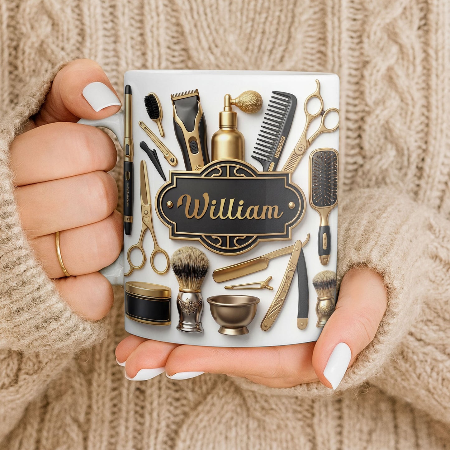 Professional Barber Shop Tools With 3D Effect Gold Scissors And Clippers - Personalized Custom Coffee Mug - HAIR054_MG