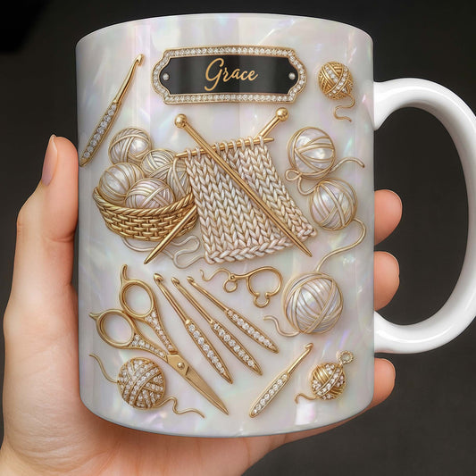A Passion For Knitting Woven With Love Yarn Balls And Crochet Hooks - Personalized Custom Coffee Mug - HAND065_MG