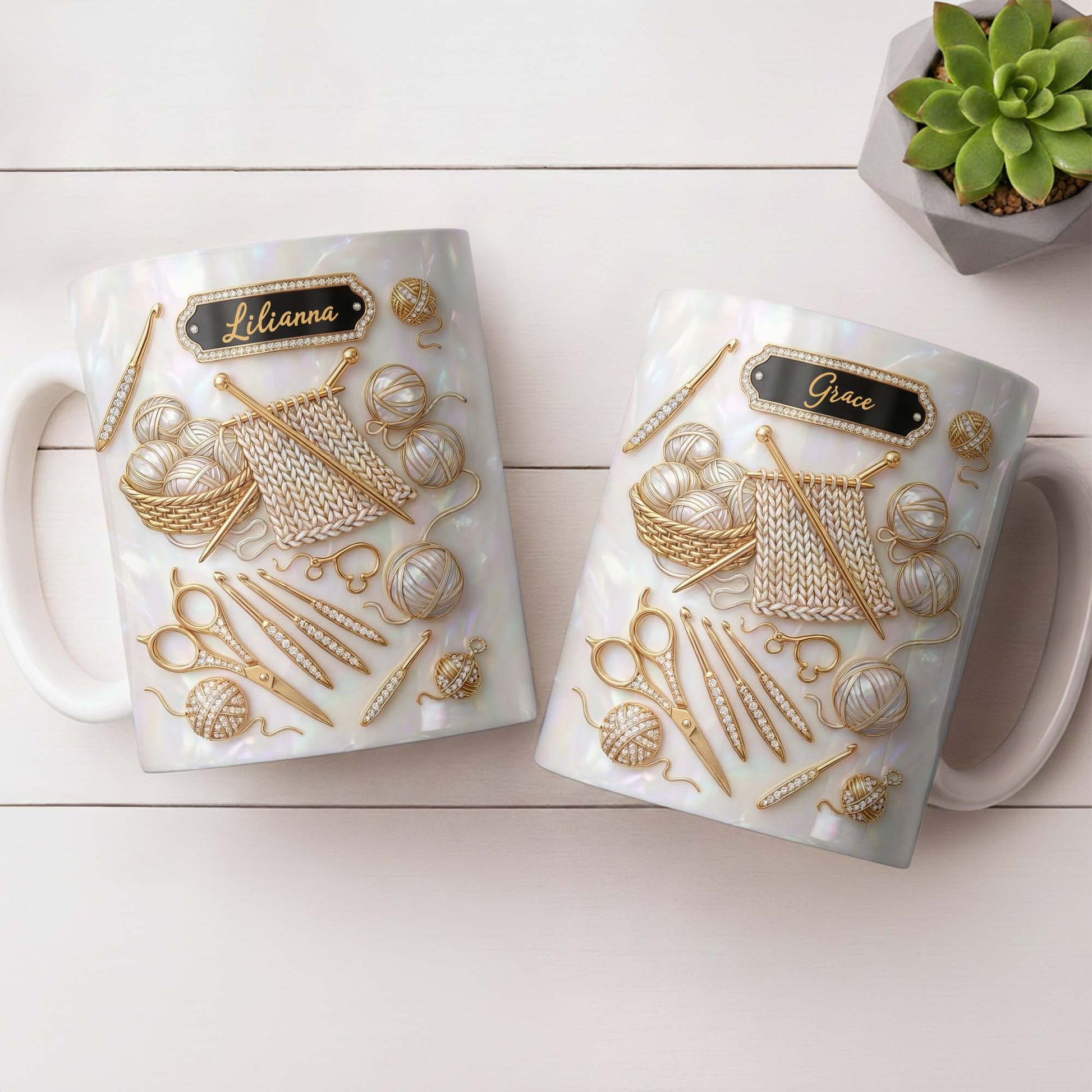 A Passion For Knitting Woven With Love Yarn Balls And Crochet Hooks - Personalized Custom Coffee Mug - HAND065_MG