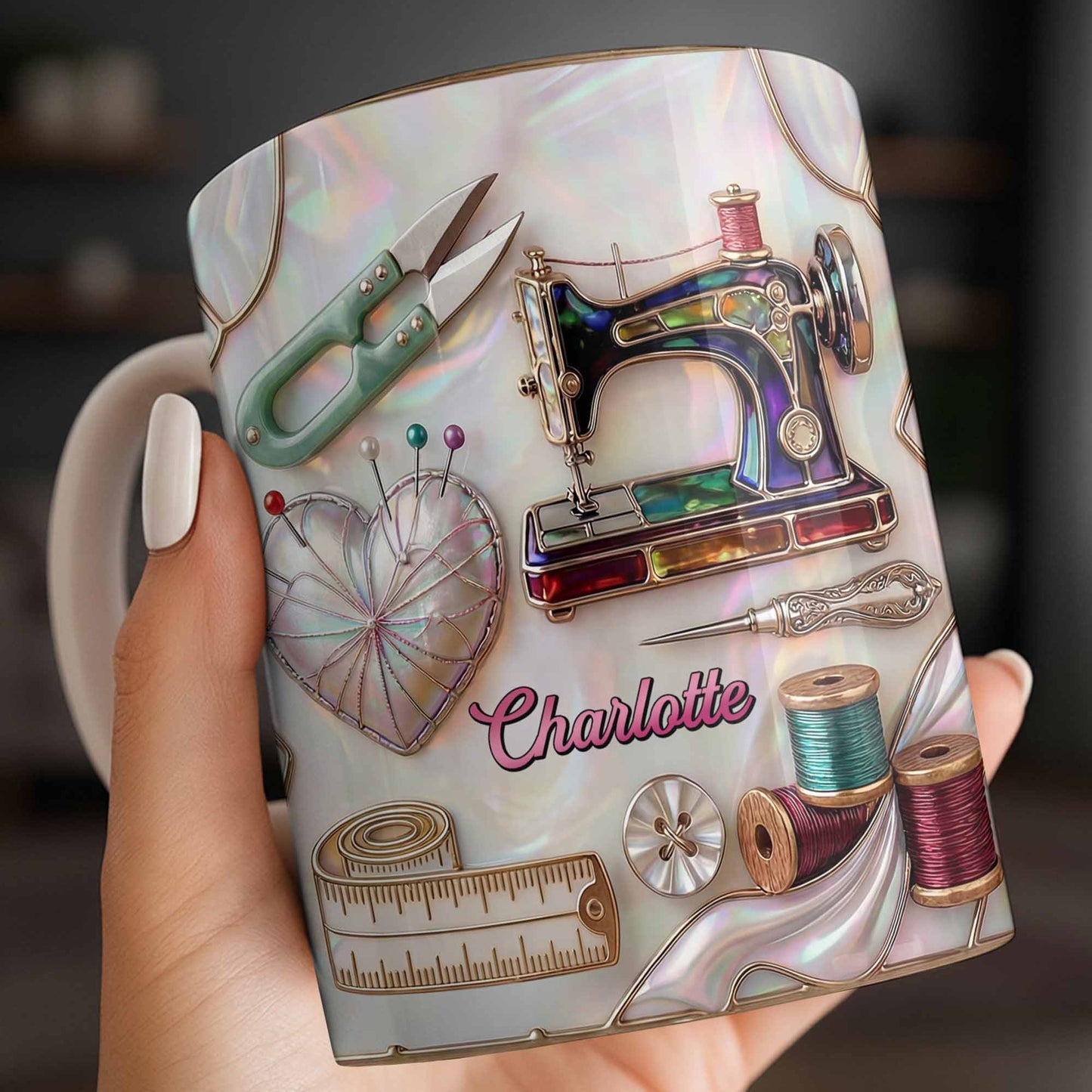 Handicraft Is Where The Heart Is Sewing Machine And Mother Of Pearl Mosaic - Personalized Custom Coffee Mug - HAND070_MG
