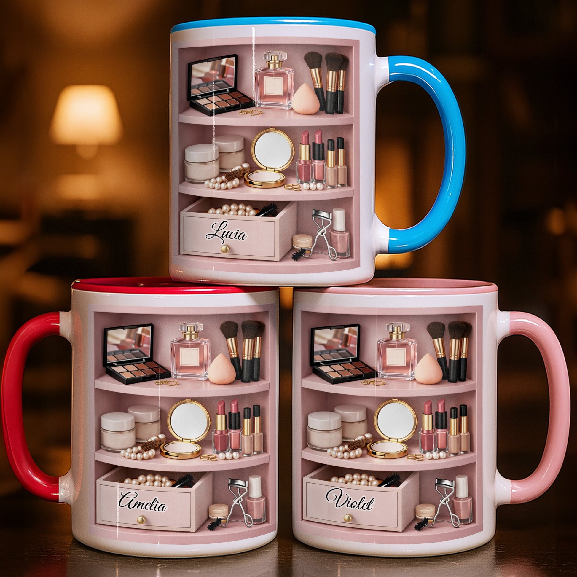 Beauty Essentials Collection With Makeup Brushes And Lipstick Design - Personalized Custom Accent Mug - HOB087_AMUG