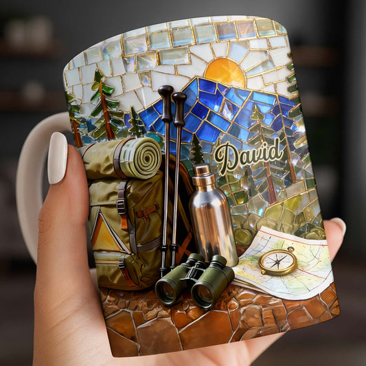 Adventure Awaits Mountain Mosaic With Backpack And Hiking Gear - Personalized Custom Coffee Mug - HOB125_MG