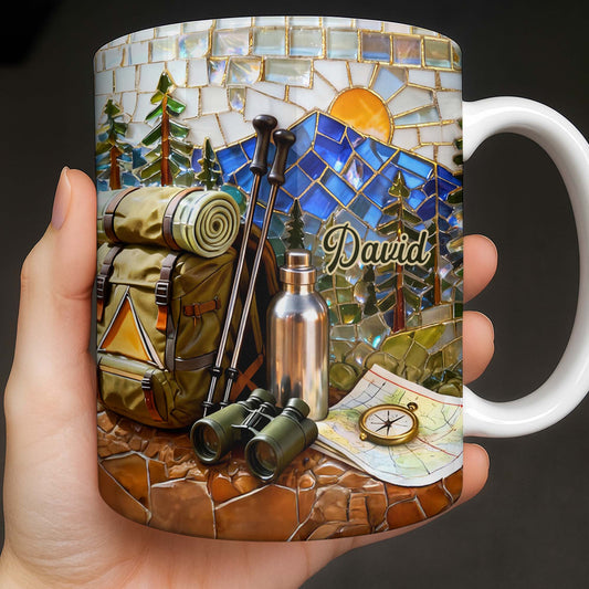 Adventure Awaits Mountain Mosaic With Backpack And Hiking Gear - Personalized Custom Coffee Mug - HOB125_MG