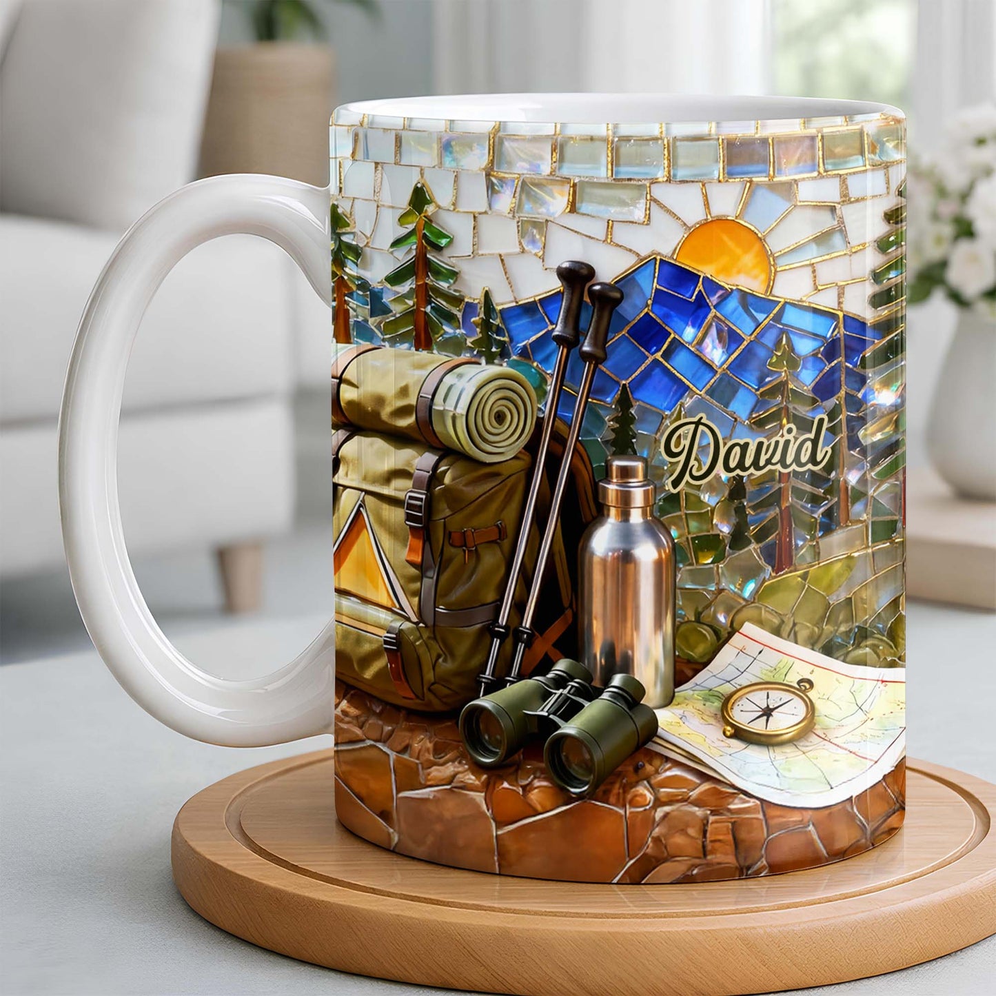 Adventure Awaits Mountain Mosaic With Backpack And Hiking Gear - Personalized Custom Coffee Mug - HOB125_MG