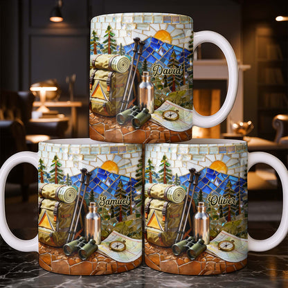 Adventure Awaits Mountain Mosaic With Backpack And Hiking Gear - Personalized Custom Coffee Mug - HOB125_MG