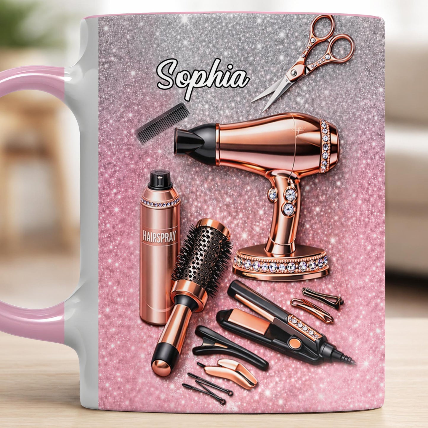Stylist Tools and Sparkles Hair Dryer Scissors and Flat Iron - Personalized Custom Accent Mug - JBS112_AMUG