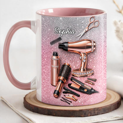 Stylist Tools and Sparkles Hair Dryer Scissors and Flat Iron - Personalized Custom Accent Mug - JBS112_AMUG